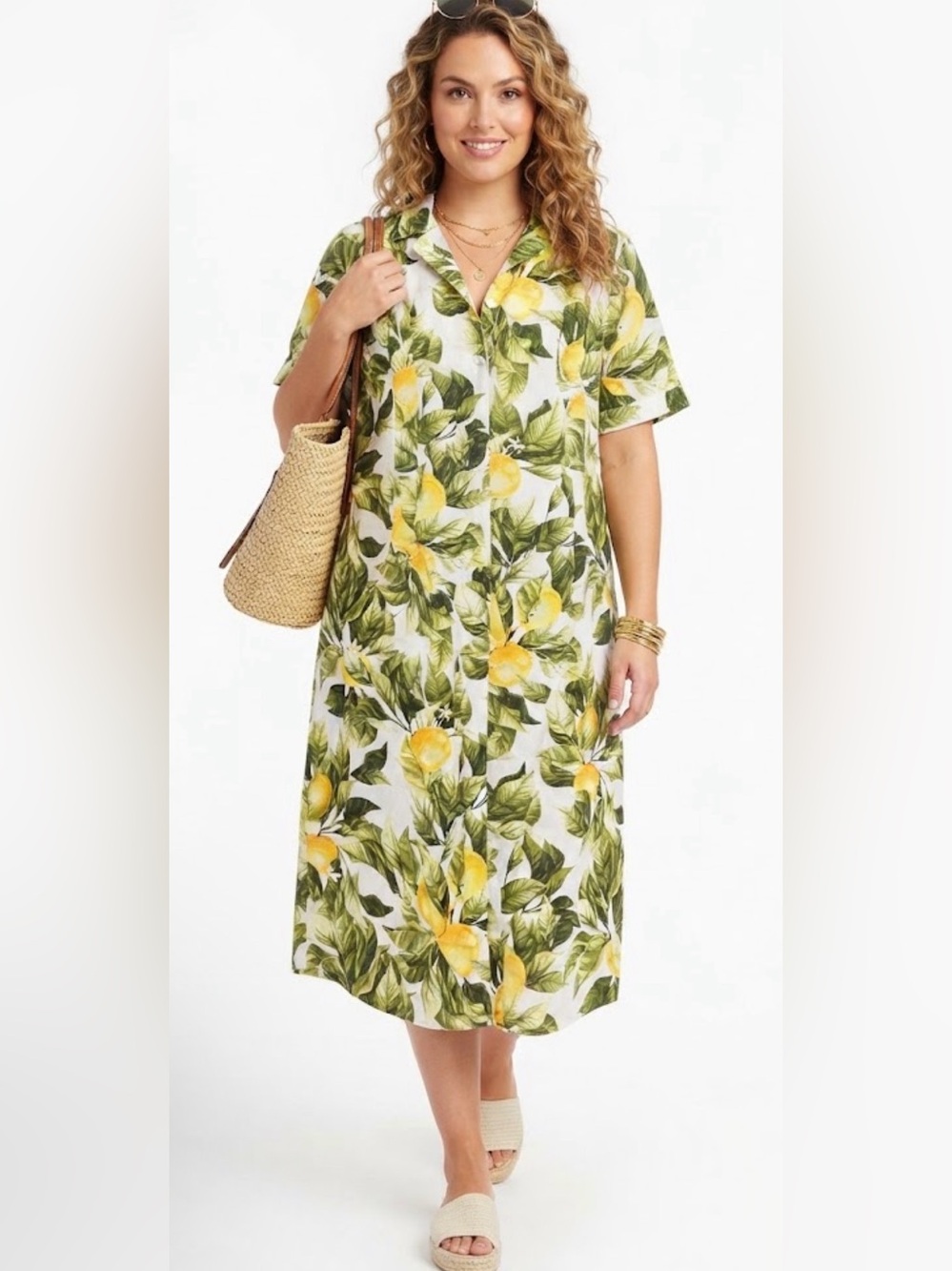 H&M Lemon Print 100% Viscose MIDI Button down Shirt Dress Size Large